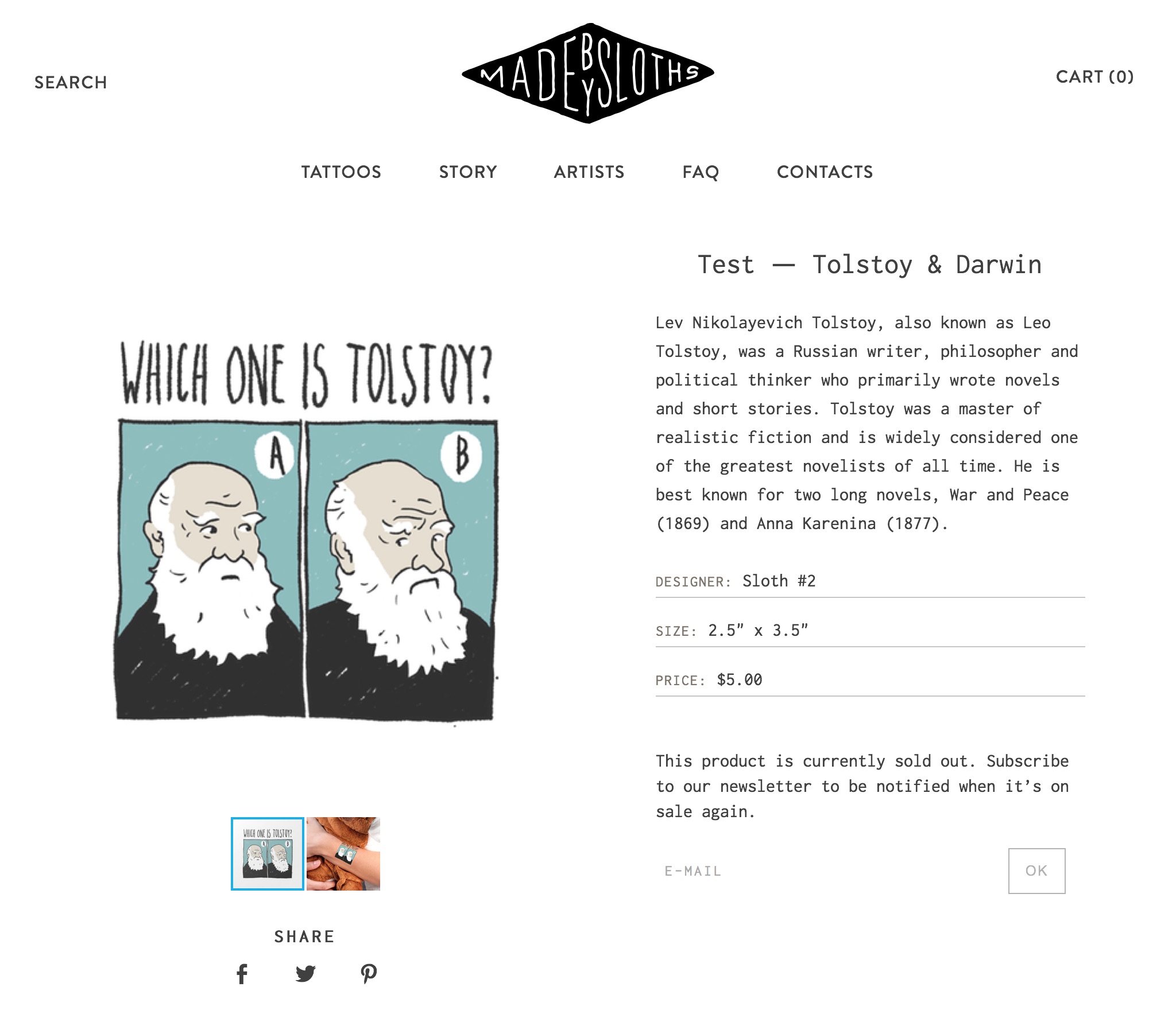 Made by Sloths product page, an illustration “Which one is Tolstoy” featuring drawn portraits of Tolstoy and Darwin