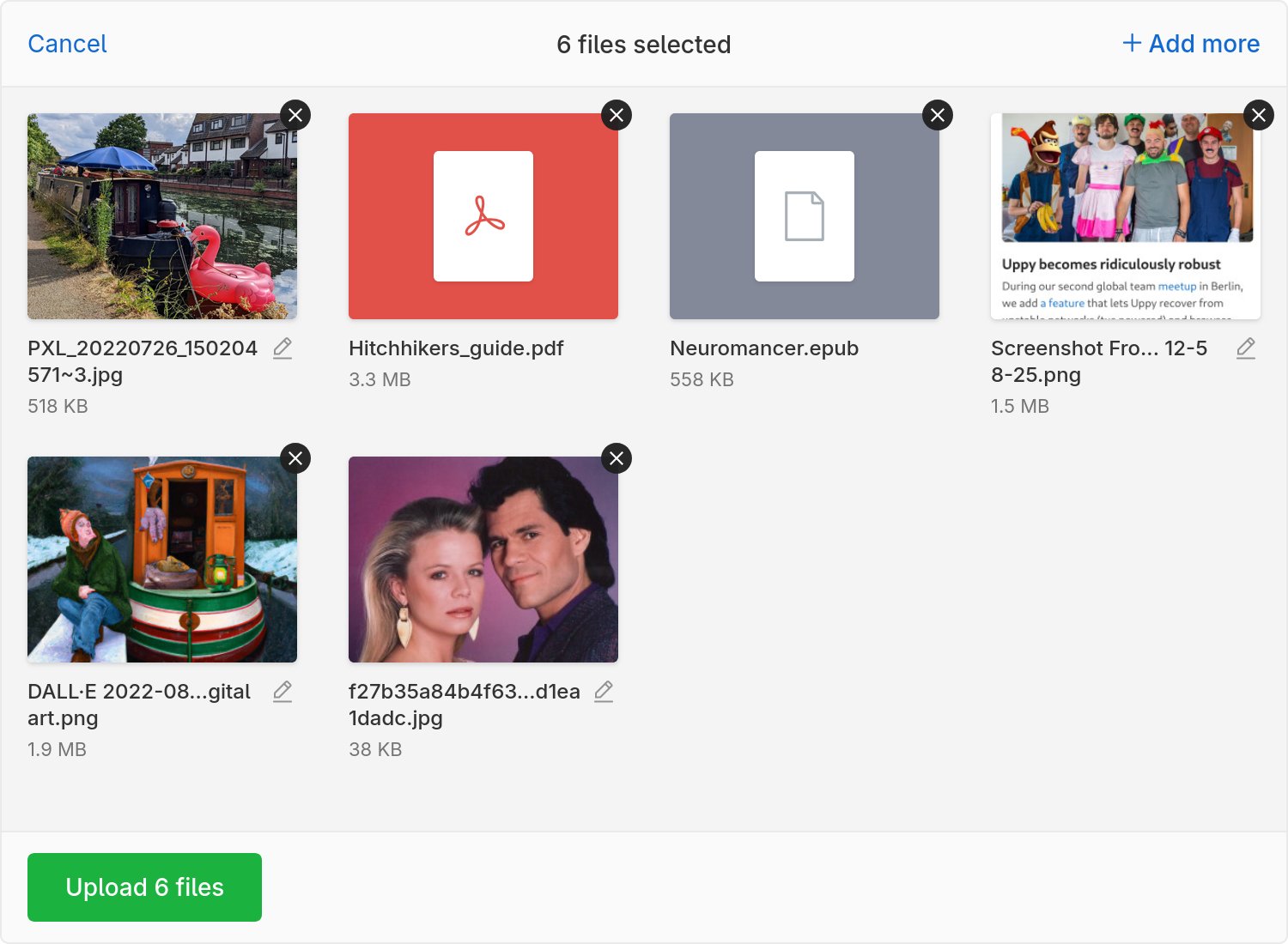 Uppy file uploader UI with a few files (imaged and PDF documents) selected